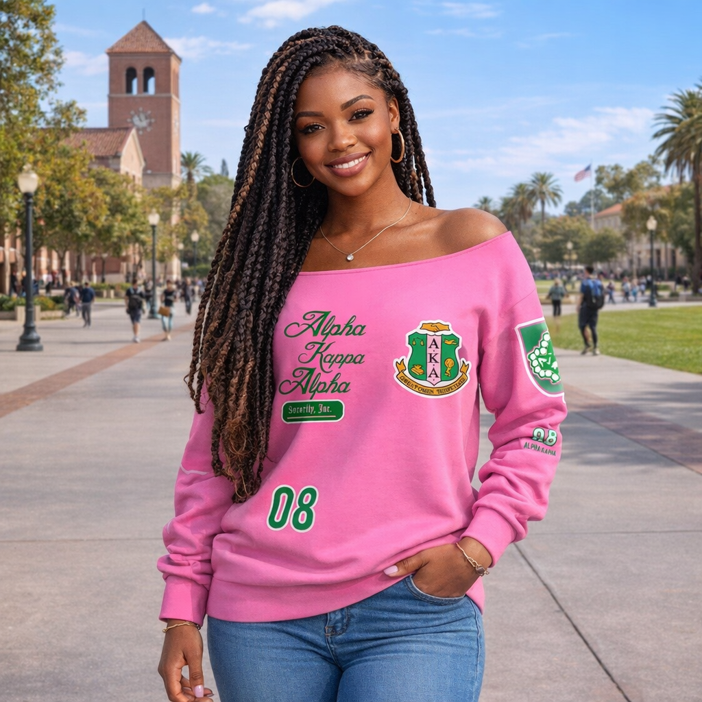 Women’s Greek-Inspired Pink Off Shoulder Sweater – 1908 Crest Style, Comfy Fit