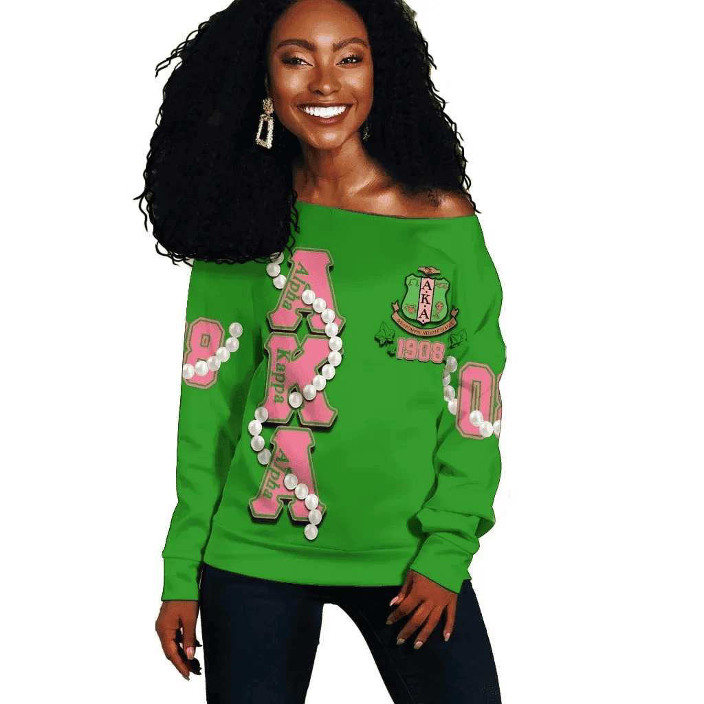 1908 Sisterhood Inspired Off Shoulder Sweatshirt – Pearl Chain + AKA Ivy Leaf Crest