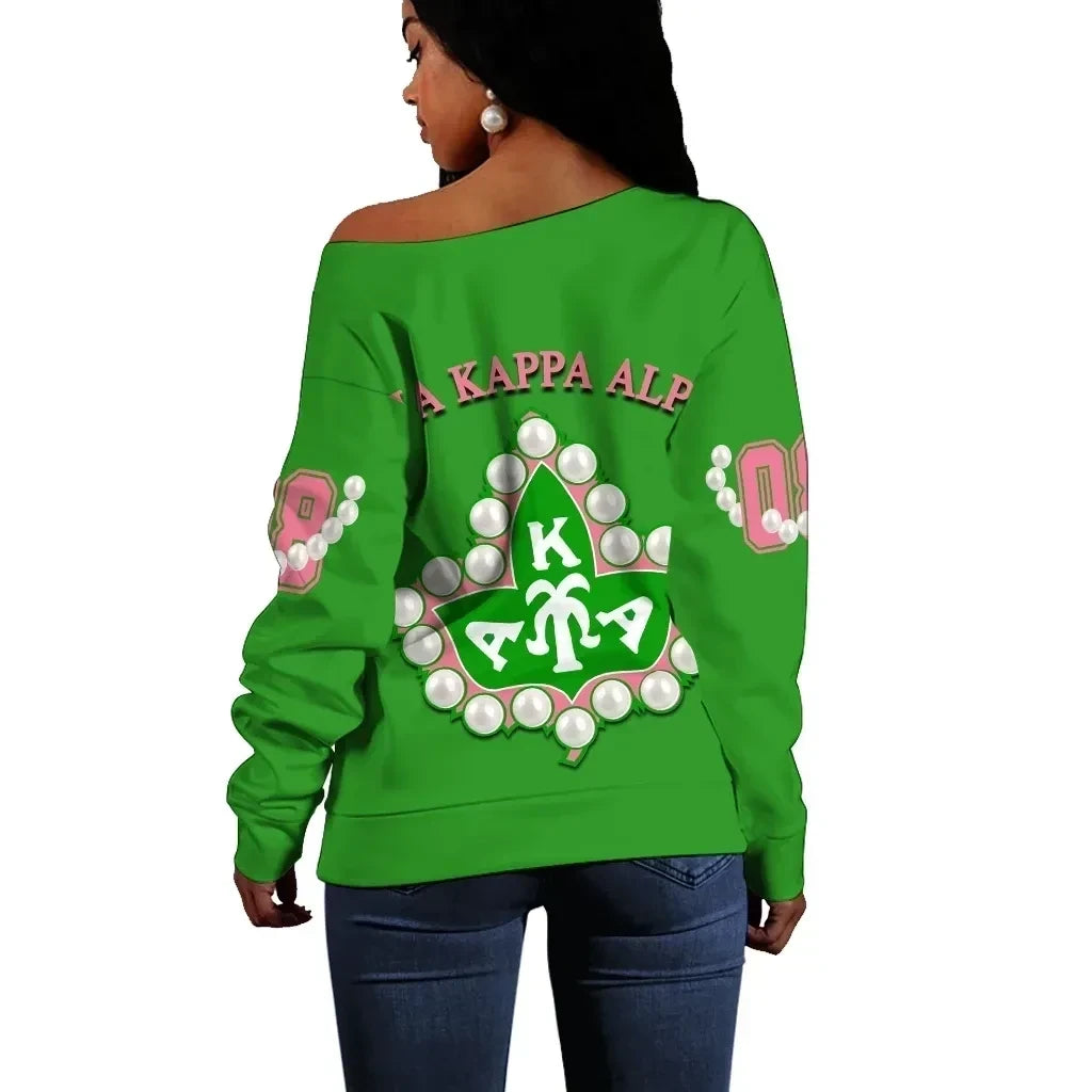 1908 Sisterhood Inspired Off Shoulder Sweatshirt – Pearl Chain + AKA Ivy Leaf Crest