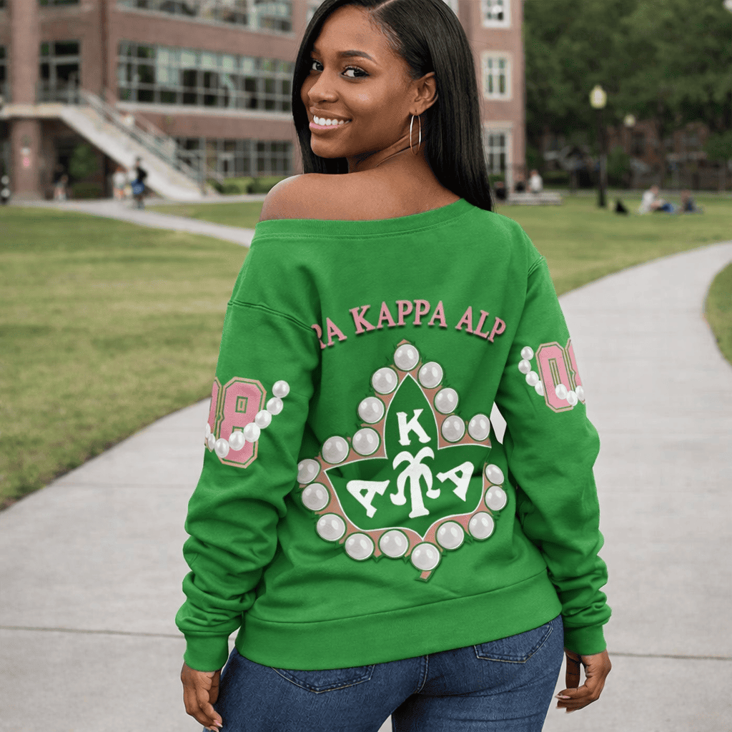 1908 Sisterhood Inspired Off Shoulder Sweatshirt – Pearl Chain + AKA Ivy Leaf Crest