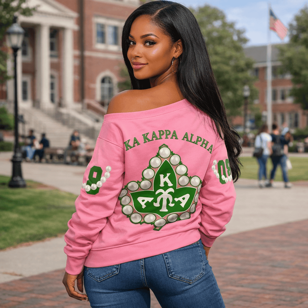 1908 Sisterhood Inspired Off Shoulder Sweatshirt – Pearl Chain + AKA Ivy Leaf Crest