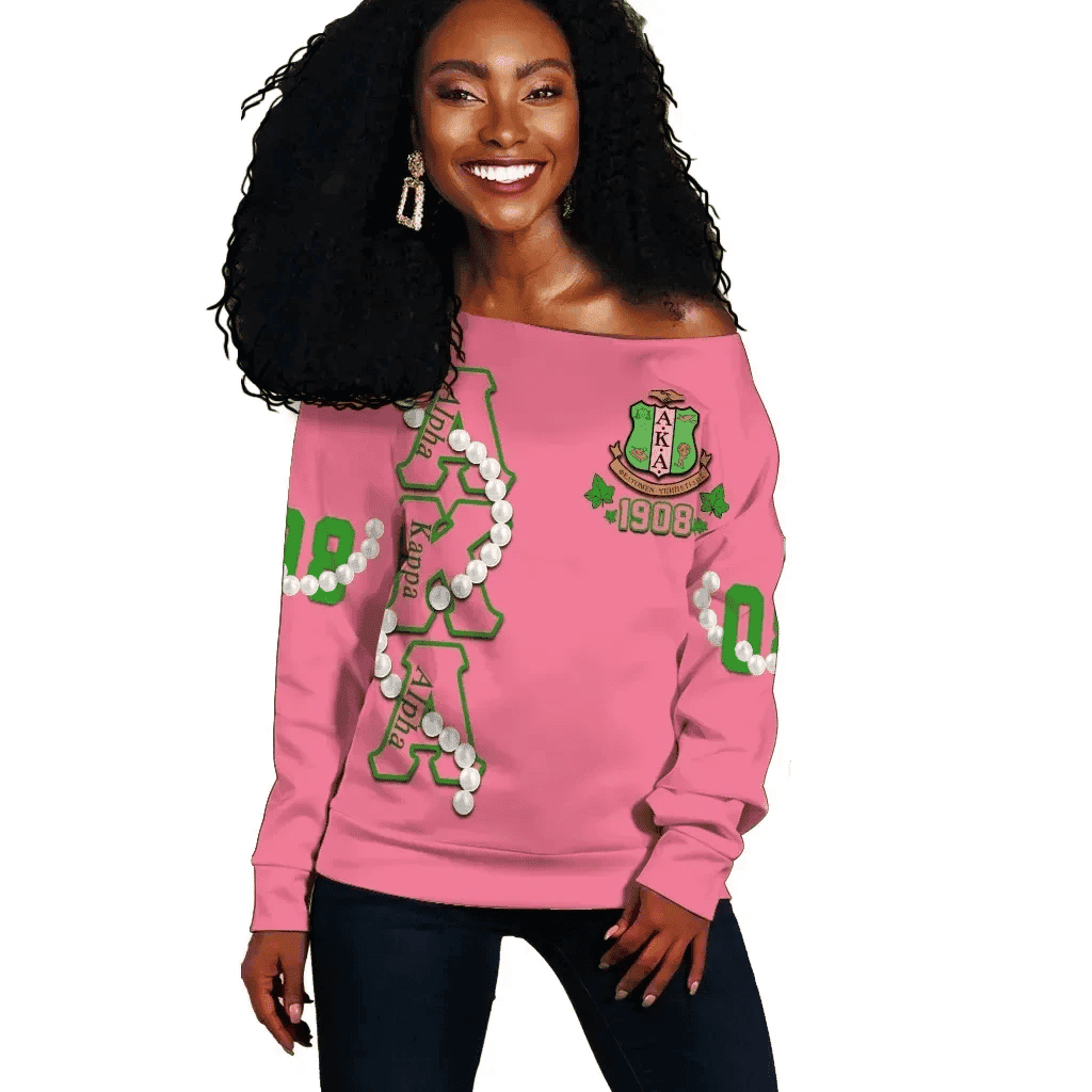 1908 Sisterhood Inspired Off Shoulder Sweatshirt – Pearl Chain + AKA Ivy Leaf Crest