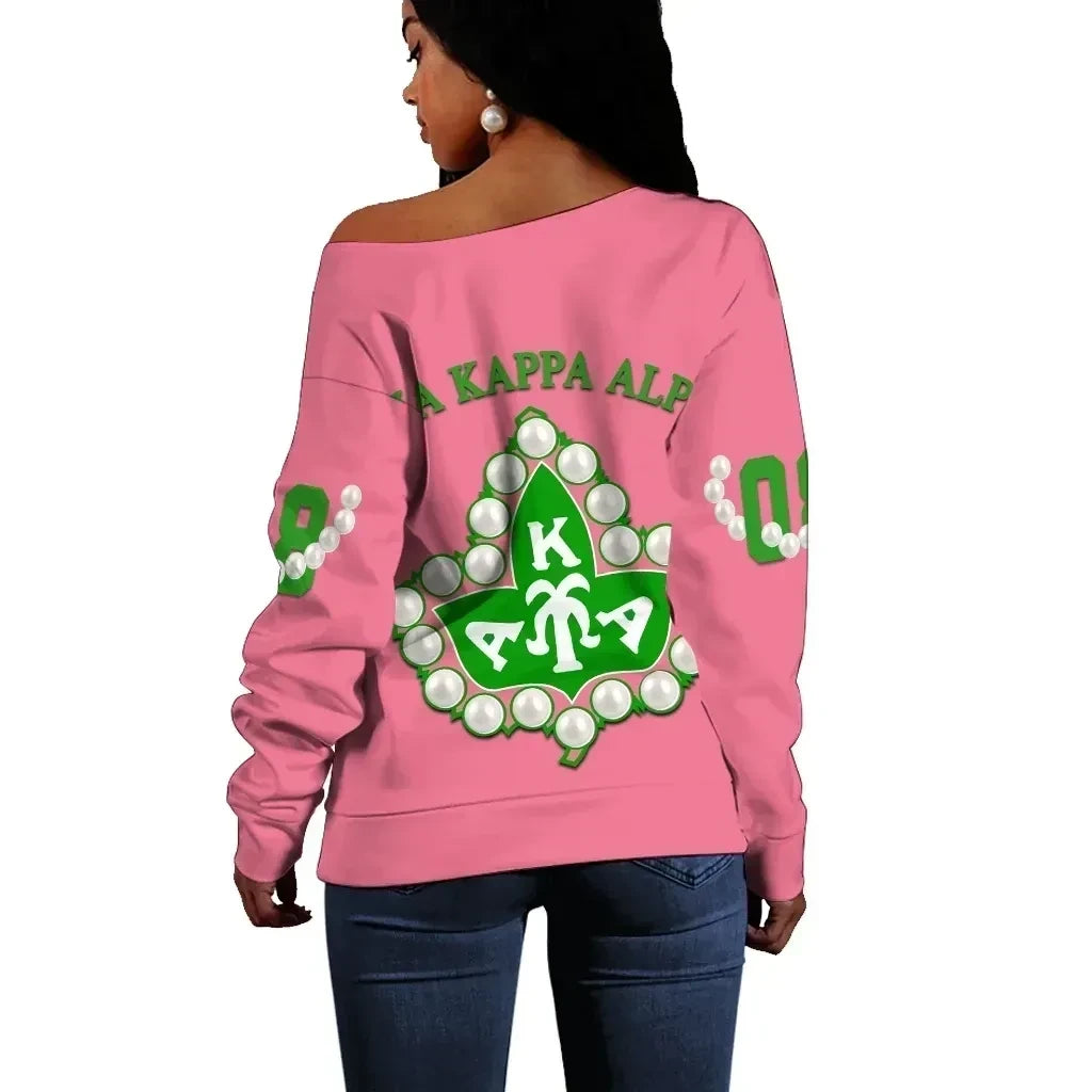1908 Sisterhood Inspired Off Shoulder Sweatshirt – Pearl Chain + AKA Ivy Leaf Crest