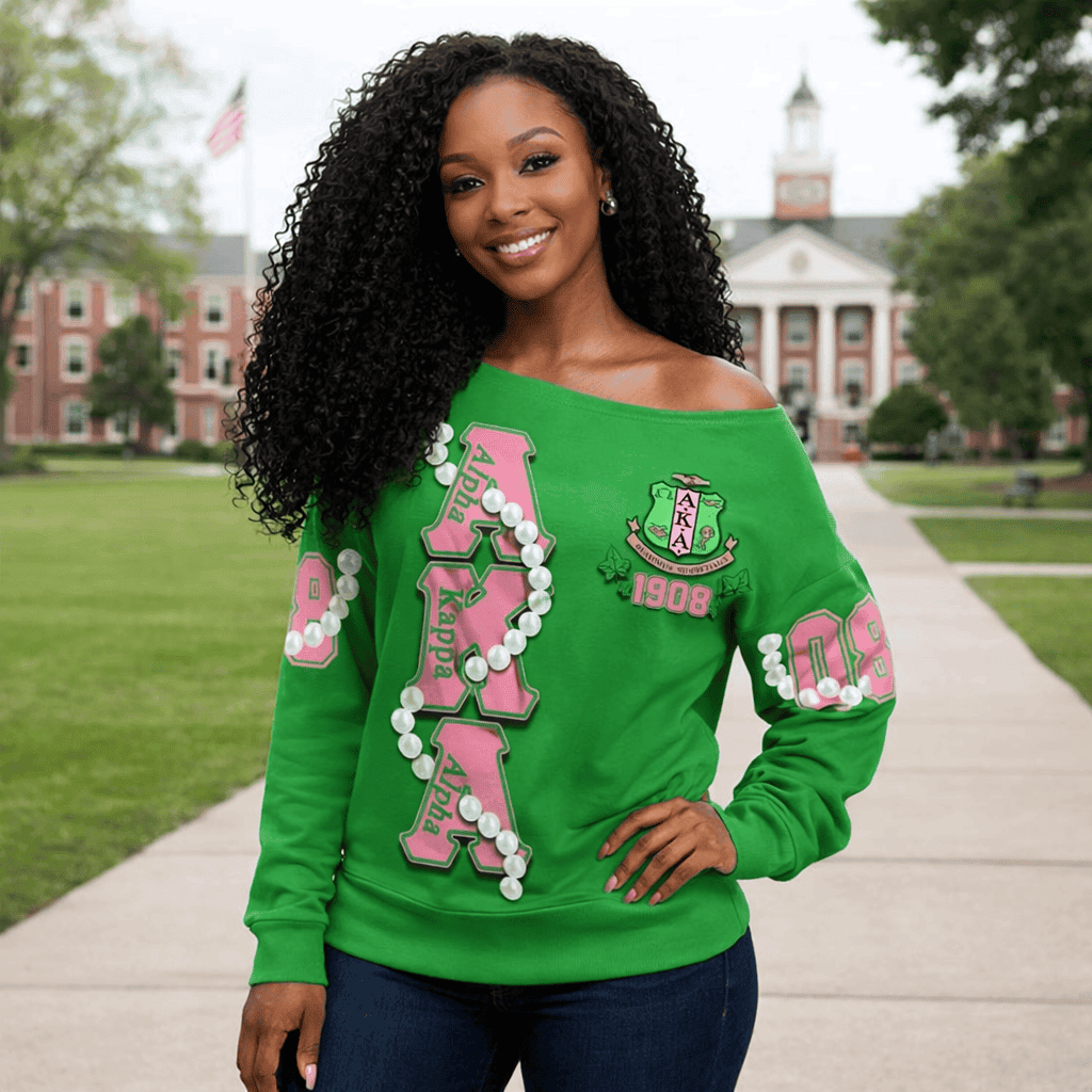 1908 Sisterhood Inspired Off Shoulder Sweatshirt – Pearl Chain + AKA Ivy Leaf Crest