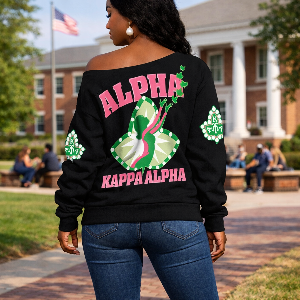 AKA Ivy League Legacy 1908 Off Shoulder Sweatshirt – Green Pink Lettering, Soft Cozy