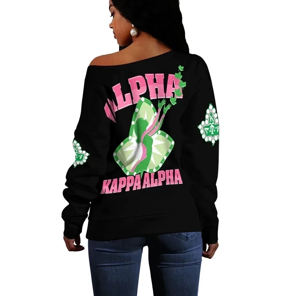 AKA Ivy League Legacy 1908 Off Shoulder Sweatshirt – Green Pink Lettering, Soft Cozy