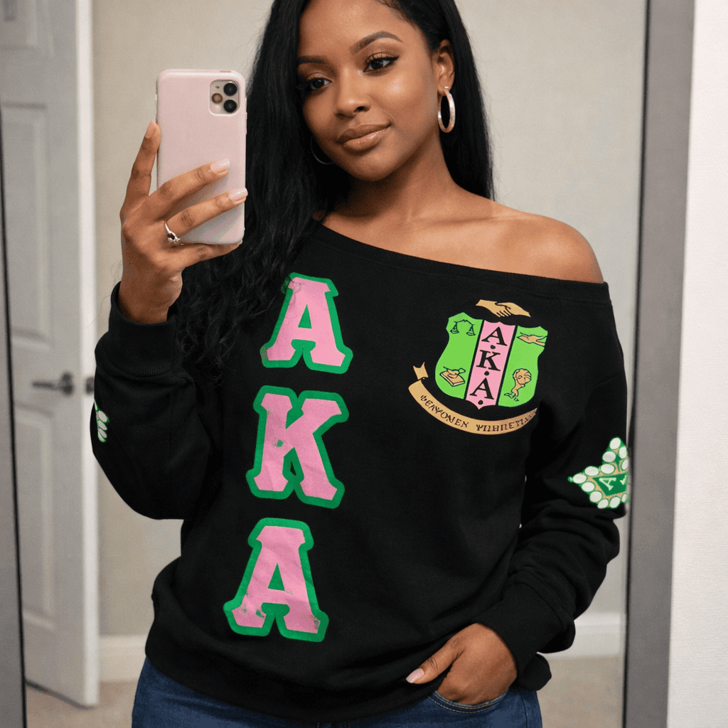 AKA Ivy League Legacy 1908 Off Shoulder Sweatshirt – Green Pink Lettering, Soft Cozy