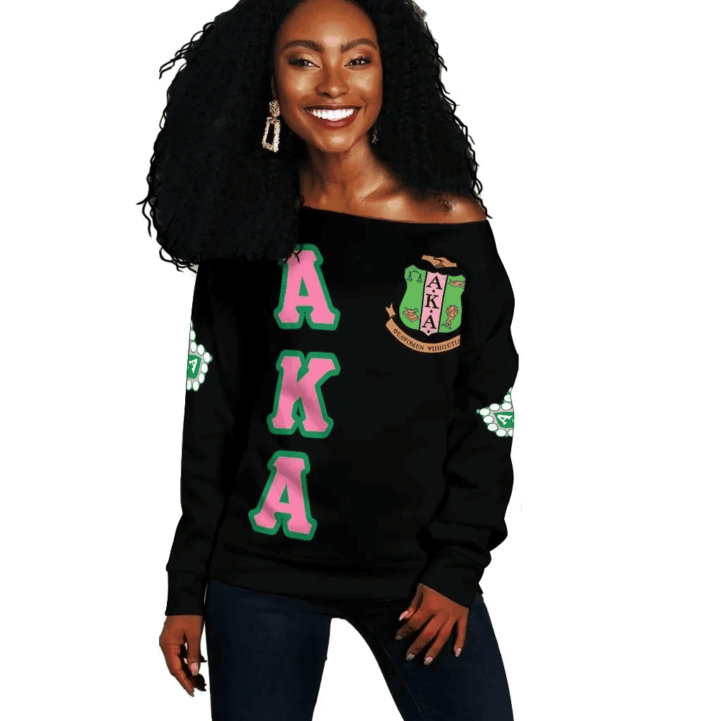 AKA Ivy League Legacy 1908 Off Shoulder Sweatshirt – Green Pink Lettering, Soft Cozy
