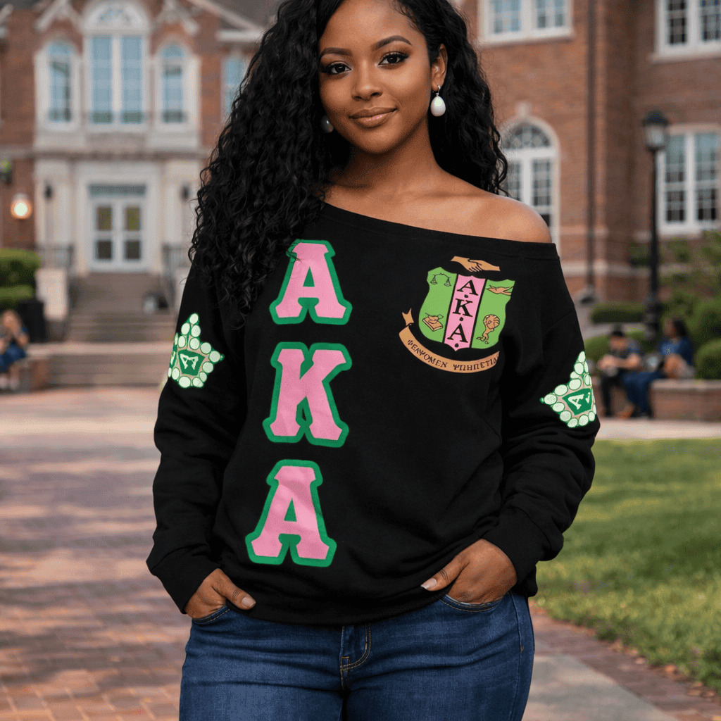 AKA Ivy League Legacy 1908 Off Shoulder Sweatshirt – Green Pink Lettering, Soft Cozy