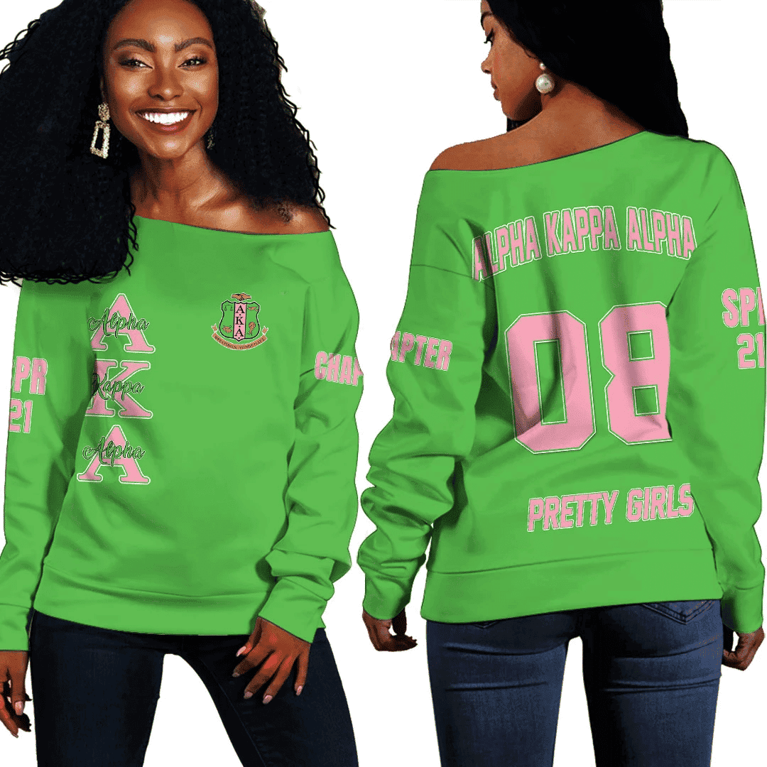 (Personalized) AKA Ivies 1908 Off Shoulder Sweatshirt - Green & Pink Legacy